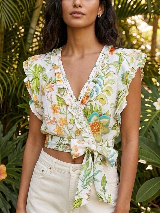 Rachel Zoe Tops - Rachel Zoe White Floral Tie-Front Ruffle Wrap Top Size M